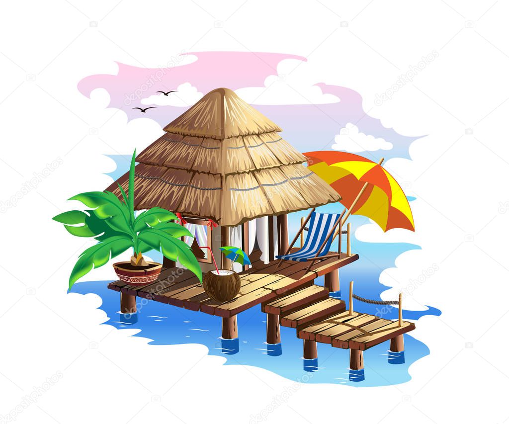 Tropical house with thatched roof. Colorful vector illustration.