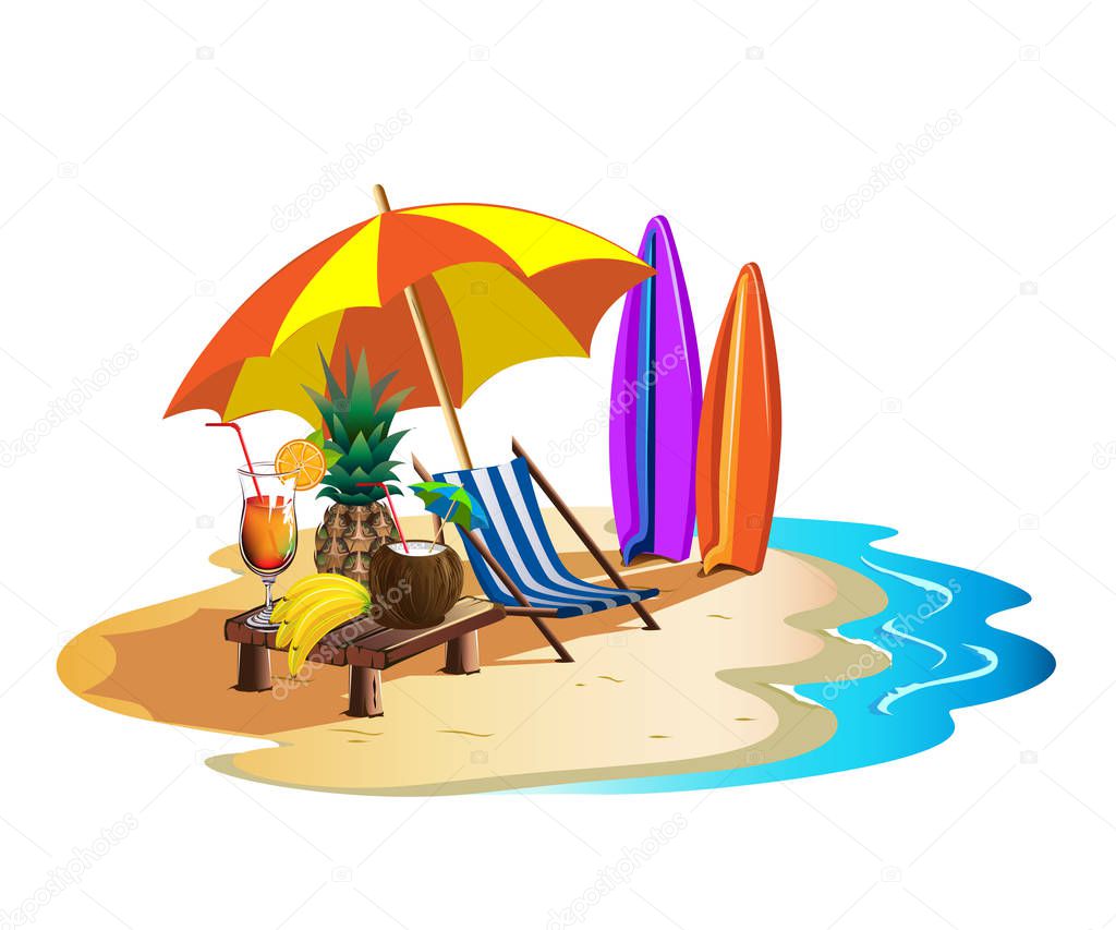 Vector illustration of a summer holiday on the beach with a deck chair, cocktails and surfboards.