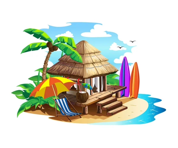 Casa Tropical Con Techo Paja Ilustración Vectorial Colorida — Vector de stock