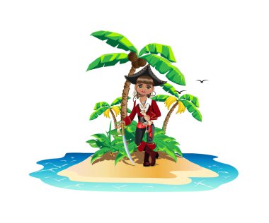 Korsan hazineleriyle dolu renkli bir ada. Beyaz arkaplanda vektör illüstrasyonu.