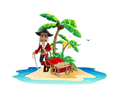 Korsan hazineleriyle dolu renkli bir ada. Beyaz arkaplanda vektör illüstrasyonu.