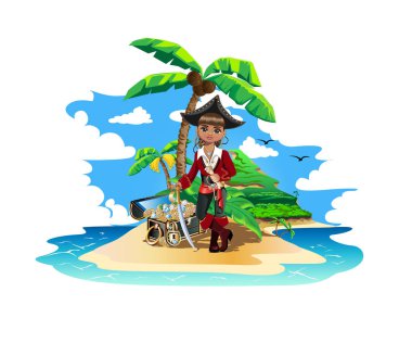 Korsan hazineleriyle dolu renkli bir ada. Beyaz arkaplanda vektör illüstrasyonu.