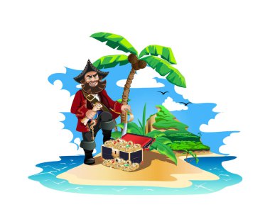 Korsan hazineleriyle dolu renkli bir ada. Beyaz arkaplanda vektör illüstrasyonu.