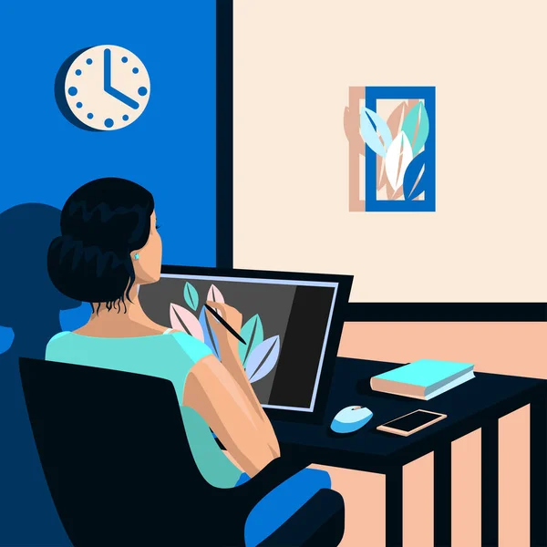 女の子はグラフィックタブレットで描画します 家で働いてる 創造だ フレンチ 平面図のベクトル図 — ストックベクタ