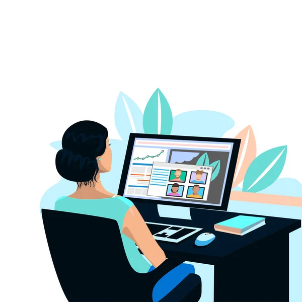Menina Trabalha Casa Computador Videoconferência Frellance Ilustração Vetorial Estilo Plano —  Vetores de Stock