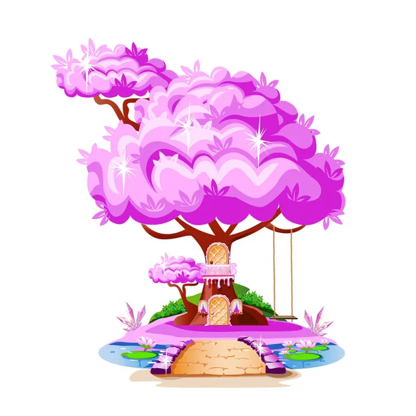Чарівний Будинок Гойдалкою Дереві Рожевим Листям Векторна Ілюстрація Казки — стоковий вектор
