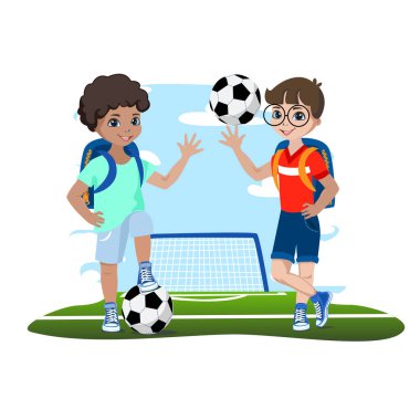 Futbol sahasında topları olan çocuklar futbol oynamayı öğrenirler. Spor oyunları. Arkaplan vektör illüstrasyonu.