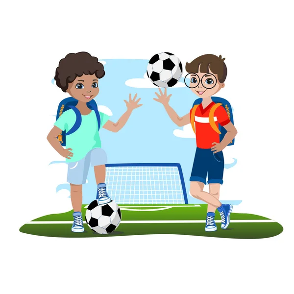 Los Niños Campo Fútbol Con Pelotas Aprenden Jugar Fútbol Juegos — Archivo Imágenes Vectoriales