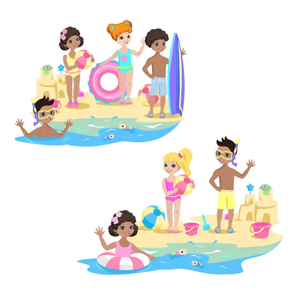 Happy Kids Play Beach Summer Vacation Sea Children Swimsuits Rubber — Stock Vector