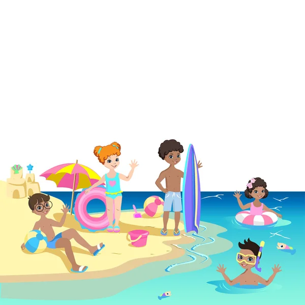 Ευτυχισμένα Παιδιά Παίζουν Στην Παραλία Καλοκαιρινές Διακοπές Δίπλα Στη Θάλασσα — Διανυσματικό Αρχείο