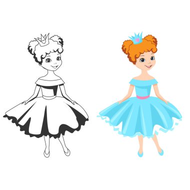 Taçlı ve kabarık elbiseli güzel prenses ve beyaz arka plandaki boyama kitabı için özet yapılmış resim. Şirin küçük peri kız. Vektör illüstrasyonu.