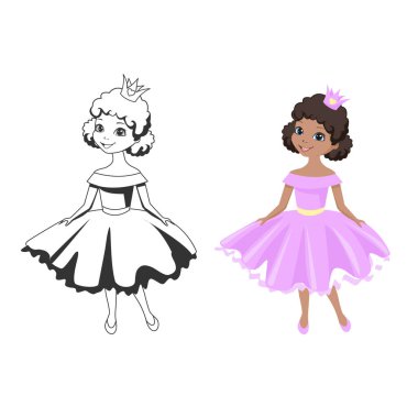 Taçlı ve kabarık elbiseli güzel prenses ve beyaz arka plandaki boyama kitabı için özet yapılmış resim. Şirin küçük peri kız. Vektör illüstrasyonu.