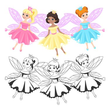 Taçlı ve kabarık elbiseli güzel prenses ve beyaz arka plandaki boyama kitabı için özet yapılmış resim. Şirin küçük peri kız. Vektör illüstrasyonu.