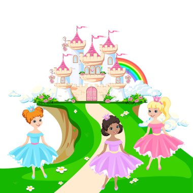 Bulutlarda güzel bir prensesin sihirli kalesi. Güzel peri masalı kale çizimi. Vektör illüstrasyonu.