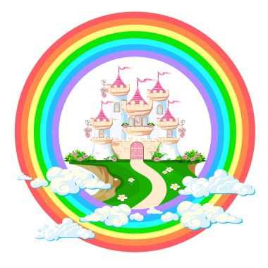 Bulutlarda güzel bir prensesin sihirli kalesi. Güzel peri masalı kale çizimi. Vektör illüstrasyonu.