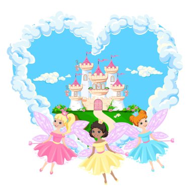 Bulutlarda güzel bir prensesin sihirli kalesi. Güzel peri masalı kale çizimi. Vektör illüstrasyonu.