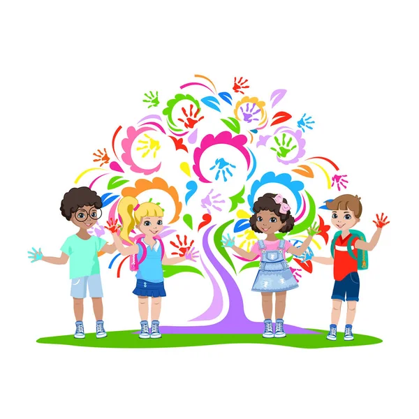 Szczęśliwe Dzieci Różnych Narodowości Rysować Ścianie Przedszkolna Kreatywność Kolorowe Ilustracja — Wektor stockowy