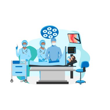 Ameliyathanede cerrahi müdahale. Cerrahi operasyonlar için tıbbi ekipman. Doktorlar ve hemşireler sağ olsun. Beyaz arkaplanda izole edilmiş vektör illüstrasyonu.