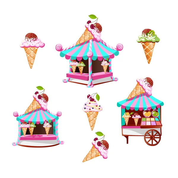 Set Gelaterie Con Gustosi Decori Vari Gelati Illustrazioni Isolate Stile — Vettoriale Stock