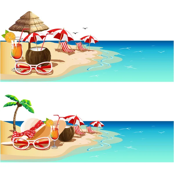 Комплект Горизонтальных Баннеров Изображением Пляжа Моря Коктейлей Шезлонгов Зонтиков Солнцезащитных — стоковый вектор