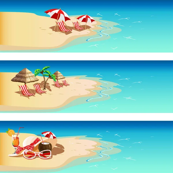 一套横幅与形象海滩吧 鸡尾酒 甲板椅子 太阳镜 和一顶夏帽 邀请函和广告模板 卡通风格的矢量图解 — 图库矢量图片