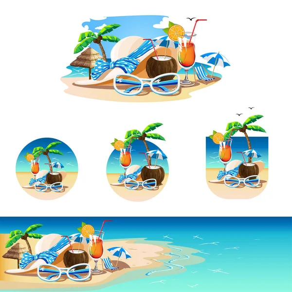 Set Banners Image Beach Bar Sea Cocktails Deck Chair Parasols — Stock Vector