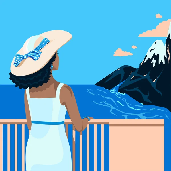 Mädchen Mit Hut Schleife Und Engem Kleid Blicken Aufs Meer — Stockvektor