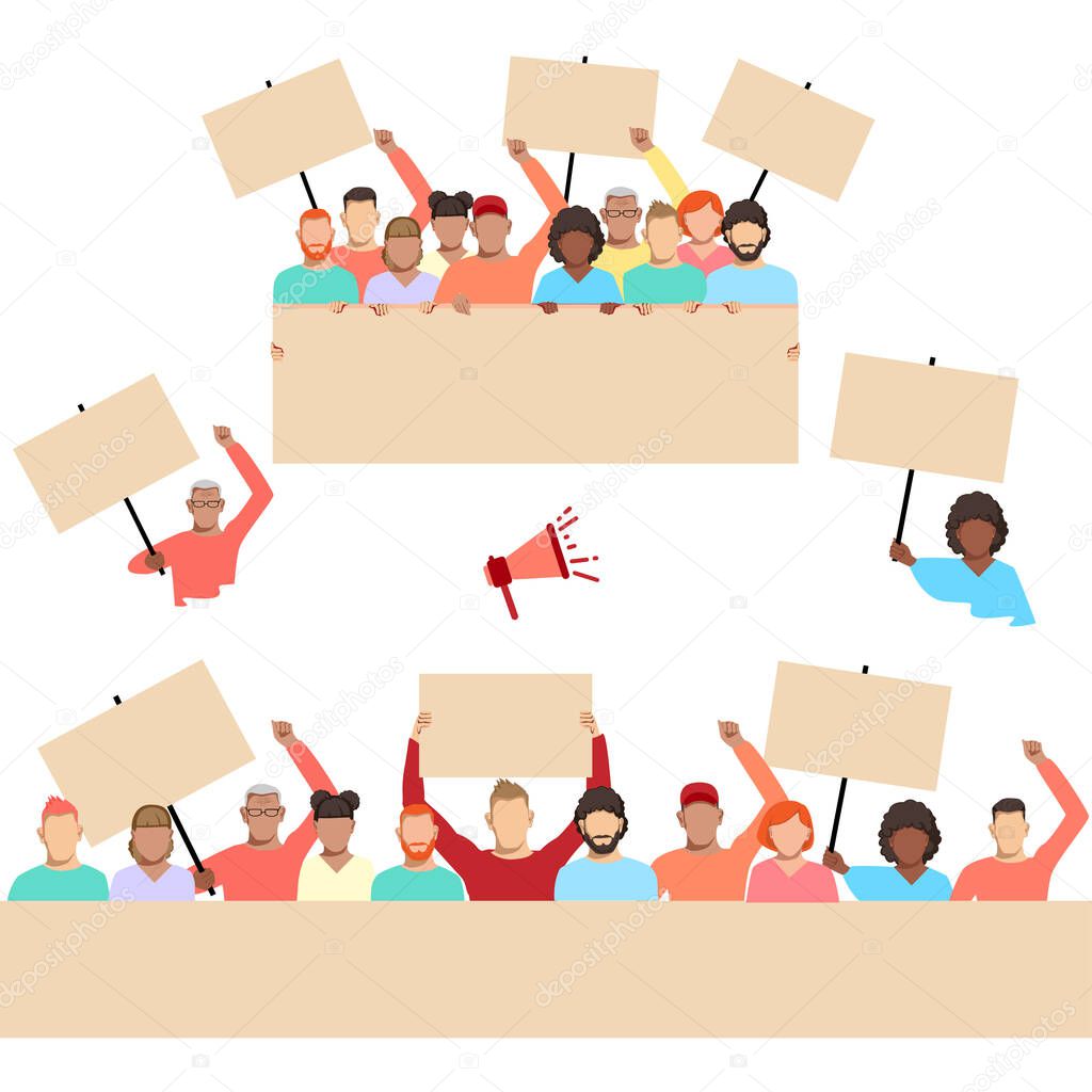 Vector set of protesters people with blank banners in their hands. Men and women of different nationalities are participating in the revolution, political protest or mitting. Flat illustrations on white background.