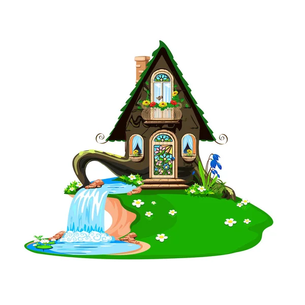 卡通森林精灵的房子 有阳台和神奇的瀑布织成与水百合的池塘 白色背景下孤立的童话插图 — 图库矢量图片