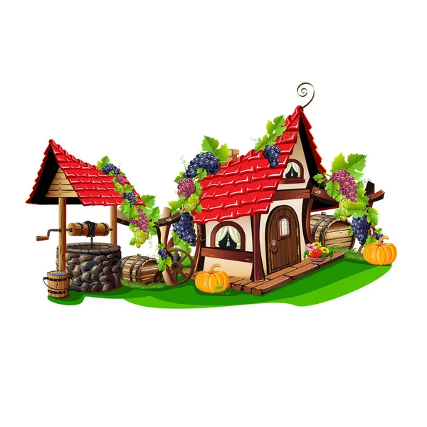 Cartoon House Village Stone Water Well Fairy Farmhouse Illustration Isolated — Stock Vector