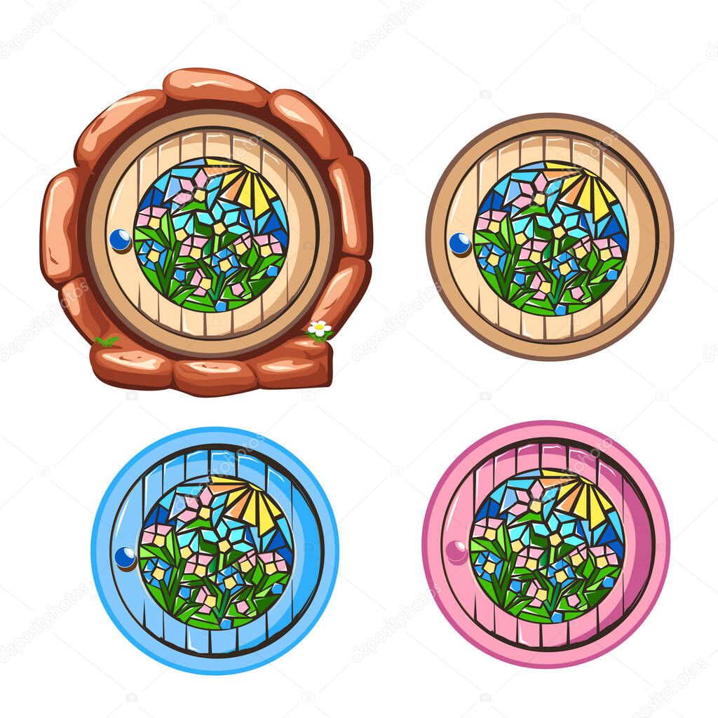 Round antique wooden door with stained glass. Entrance to the fairyland. Set of fairy doors isolated on white background.