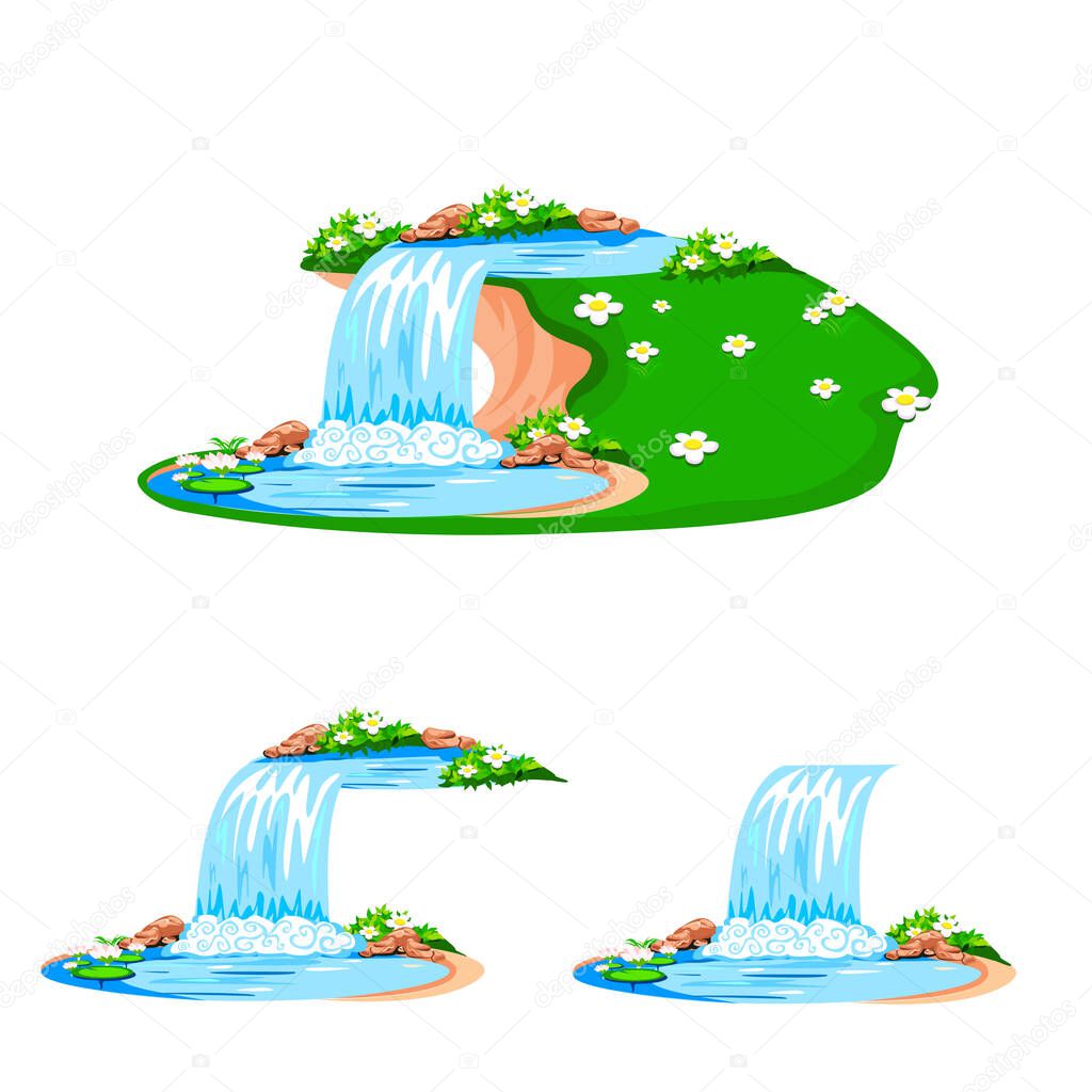 Cartoon waterfall with a pond and water lilies isolated on a white background. Vector illustration of a fabulous nature background with a waterfall.