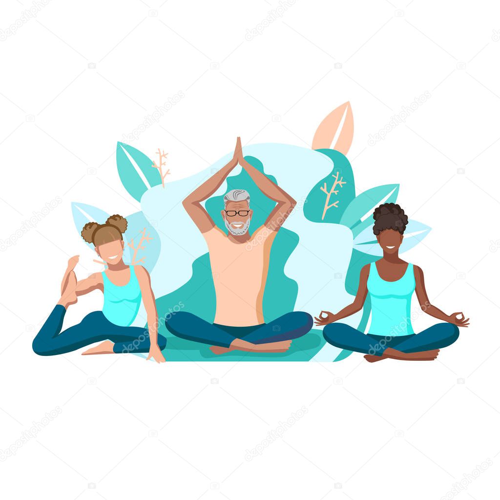 Active people do yoga in nature. Healthy lifestyle.Turquoise color. Flat vector illustration of sports people on a white background.