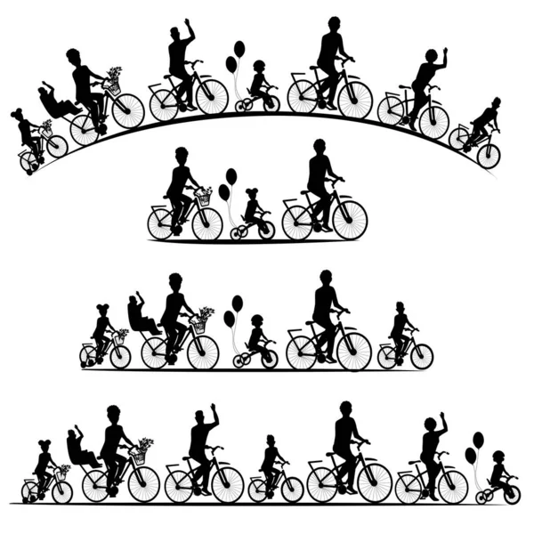 Large Set Silhouettes People Bicycles Young People Children Seniors Bicycles — Stock Vector