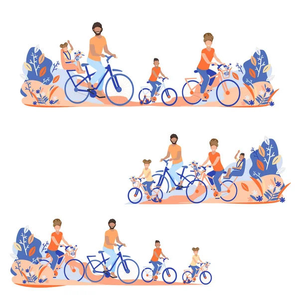 Gli Stendardi Orizzontali Mettono Famiglia Biciclette Giovani Bambini Anziani Biciclette — Vettoriale Stock