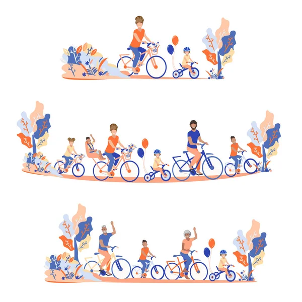 Horizontal Banners Set Family Bicycles Young People Children Seniors Bicycles — Stock Vector