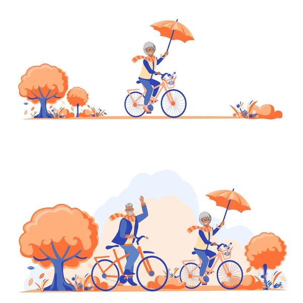 Flat Illustrations Happy Elderly People Ride Bicycles Autumn Park Grandparents — Stock Vector