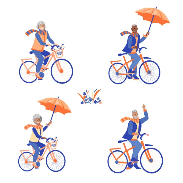 Flat Illustrations Happy Elderly People Ride Bicycles Umbrellas Autumn Grandparents — Stock Vector