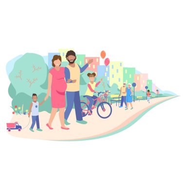 Aile şehir parkında yürüyor. Çocuklar ve ebeveynler, yaşlılar ve gençler aktif bir hayat sürüyorlar. Şehir yaşam vektörü illüstrasyonu.