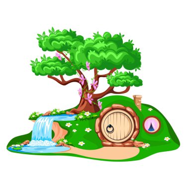 Karikatür ormanı elf evi. Balkonu ve nilüferlerle dolu bir gölette sihirli bir şelale dokuması. Beyaz arkaplanda izole edilmiş peri masalı çizimi.