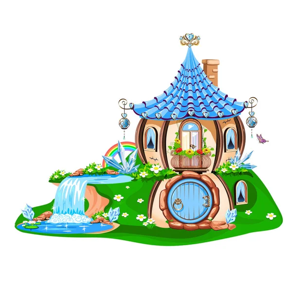 Magiczny Domek Ozdobiony Niebieskimi Kryształami Wróżkowy Dom Ilustracja Wektora — Wektor stockowy