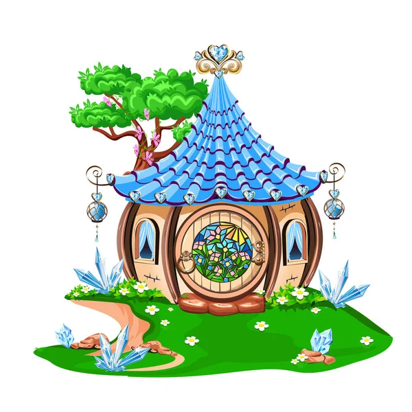 Magiczny Domek Ozdobiony Niebieskimi Kryształami Wróżkowy Dom Ilustracja Wektora — Wektor stockowy