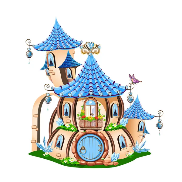 Petite Maison Magique Décorée Cristaux Bleus Maison Fées Illustration Vectorielle — Image vectorielle