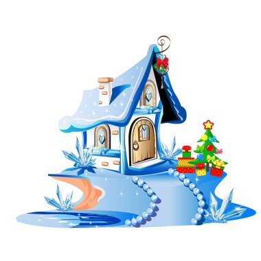 Noel için dekore edilmiş sihirli küçük bir ev. Noel Baba 'nın Evi. Mutlu noeller. Vektör illüstrasyonu.
