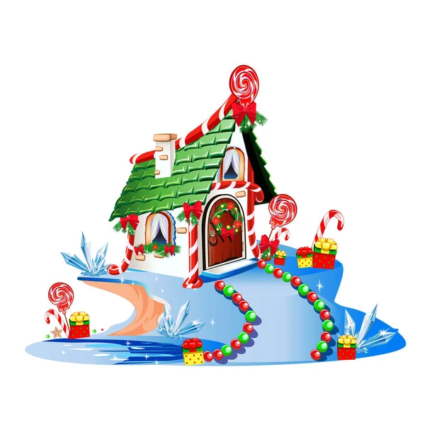 Noel için dekore edilmiş sihirli küçük bir ev. Noel Baba 'nın Evi. Mutlu noeller. Vektör illüstrasyonu.