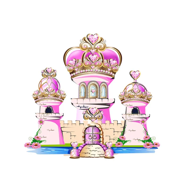 神奇的粉红城堡为公主与珍贵的饰物和皇冠屋顶 童话城堡的矢量图解 — 图库矢量图片