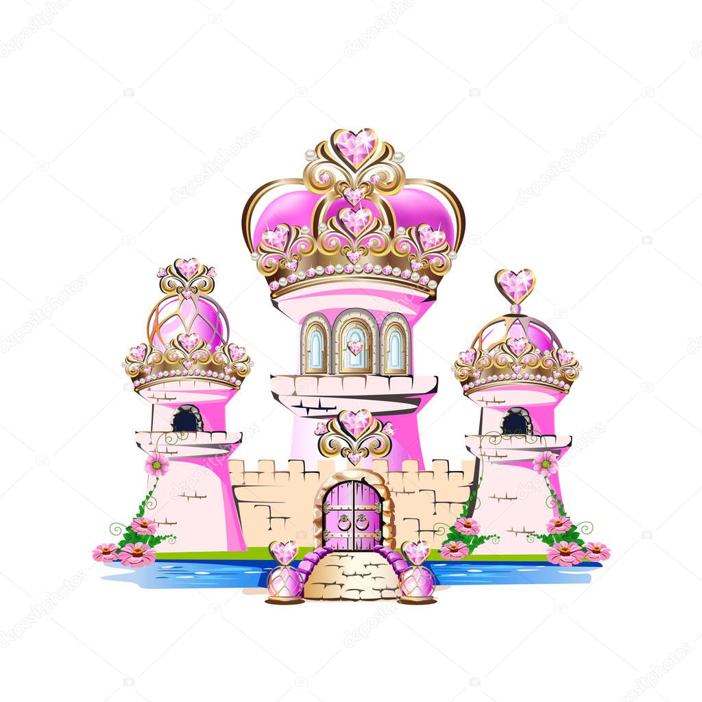 Magic pink castle for a princess with precious ornaments and a crown roof. Vector illustration of a fairytale castle.