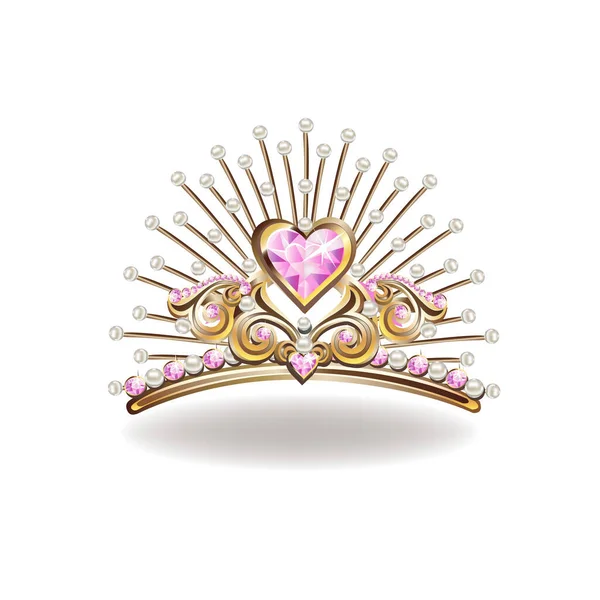 美丽的金色公主王冠上镶嵌着珍珠和粉色珠宝 白色背景的矢量说明 — 图库矢量图片