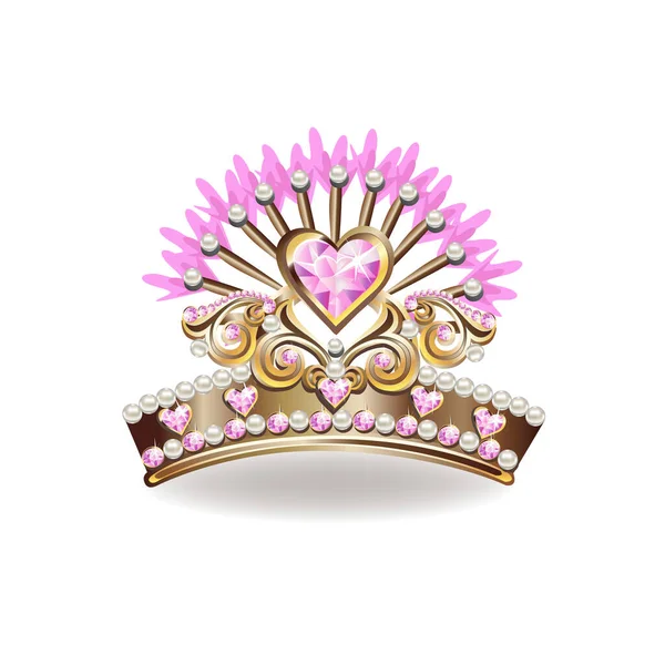 Hermosa Corona Princesa Dorada Con Perlas Joyas Color Rosa Ilustración — Archivo Imágenes Vectoriales