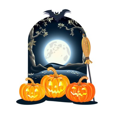 Cadılar Bayramı arkaplanında üç neşeli balkabağı, dev ay ve uzun ağaçlar var. Cadılar Bayramı için ilan, poster, davetiye veya sosyal medya ilanı hazırlamak için vektör ilüstrasyonuName.